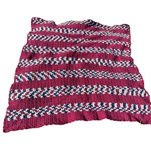 Vintage Handmade Crochet Afghan Blanket Red White Blue‎ 56” Square Throw